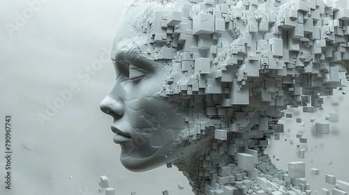 grey color person head composed entirely of cubes in various sizes isolated background 