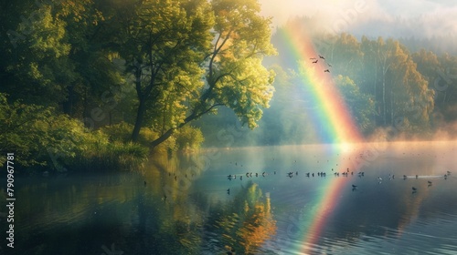 A rainbow reflected in the calm waters of a tranquil river, with lush green trees lining its banks and birds nesting in the branches above.