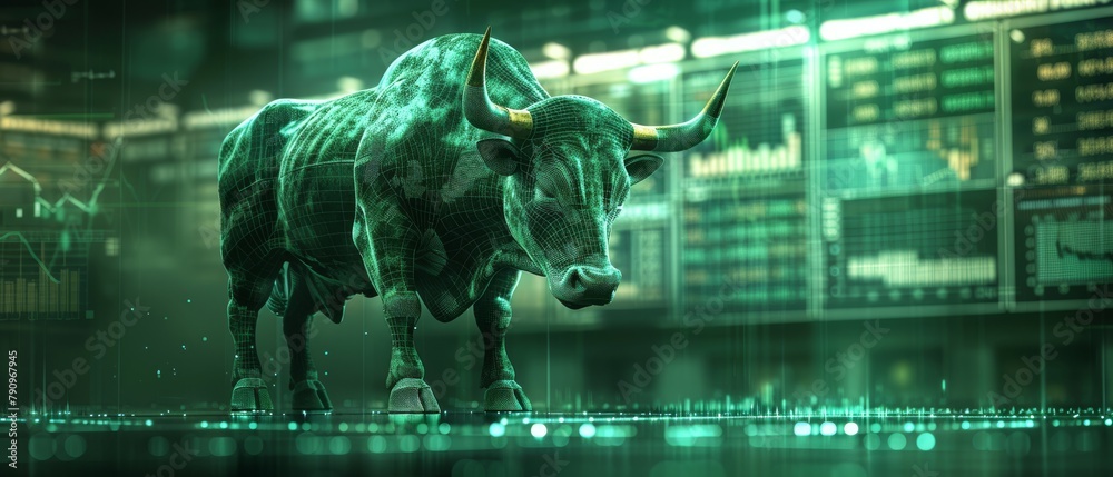 A glowing wireframe bull statue stands in a futuristic high-tech stock market environment, representing bullish market trends and technology. A glowing wireframe bull statue stands in a futuristic high-tech stock market environment, representing bullish market trends and technology.
