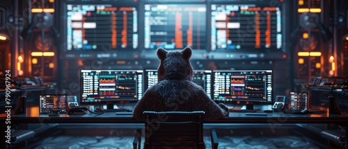 A bear figurine in a command center facing screens with stock market data, symbolizing market control and financial strategy. photo