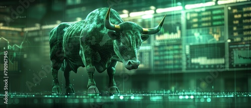 A glowing wireframe bull statue stands in a futuristic high-tech stock market environment  representing bullish market trends and technology.