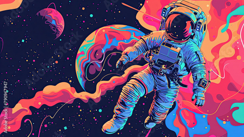 Colorful illustrations of astronaut in space