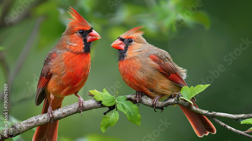 two northern cardinal on a branch with green blurred background photo