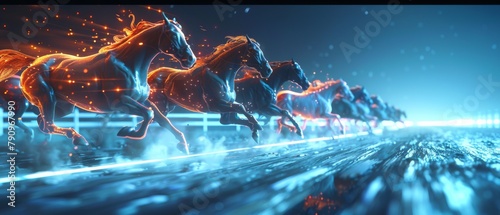 Fiery horses racing across a digital landscape, a metaphor for competitive dynamics and fast-paced movement in the financial markets.