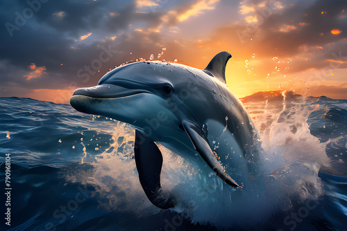 Dolphin playing in the waves of the raging ocean at sunset. World Dolphin Day