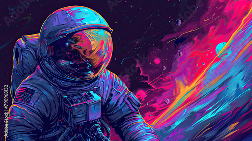 Colorful illustrations of astronaut in space