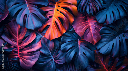 Layout creativo di colore fluorescente fatto di foglie tropicali. foglie  con contrasto e colori al neon. Concetto di natura, carta da parati moderna, pattern di foglie tropicali, giungla photo