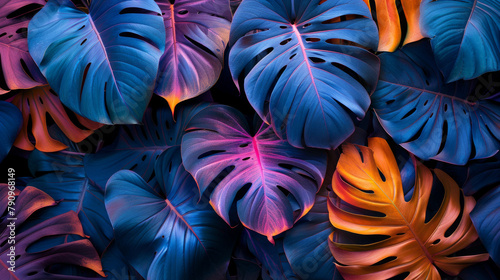 Layout creativo di colore fluorescente fatto di foglie tropicali. foglie  con contrasto e colori al neon. Concetto di natura, carta da parati moderna, pattern di foglie tropicali, giungla photo