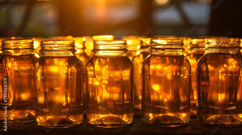 Multiple clear glass jars arranged neatly, glowing under the golden hues of a setting sun, emphasizing clarity and cleanliness in food preservation Multiple clear glass jars arranged neatly, glowing under the golden hues of a setting sun, emphasizing clarity and cleanliness in food preservation
