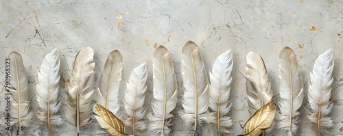Panel wall art with a marble effect background showcasing feathers interspersed with subtle gold leaf accents © Sara_P