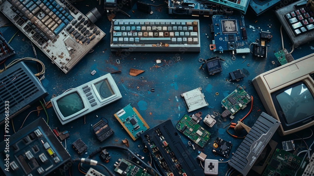 Close-up of various e-waste elements from outdated technology, artfully arranged on a deep indigo backdrop to highlight electronic recycling and environmental decay