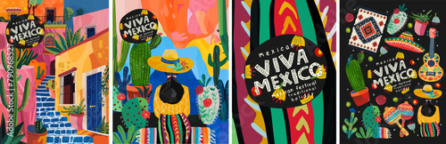 Viva Mexico. Vector cute abstract illustration of Mexican street in Mexico City, Woman in sombrero, cactus, traditional pattern or ornament for Cinco de Mayo greeting card, poster or background © Ardea-studio
