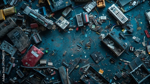 Detailed view of mixed electronic waste, including batteries and small gadgets, on a deep indigo surface, showcasing the complexity and impact of electronic refuse
