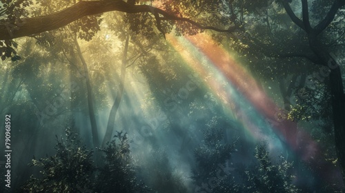 A rainbow stretching across a misty forest canopy  with sunlight filtering through the trees and creating a magical ambiance in the woodland.