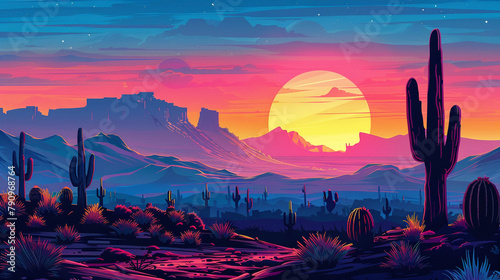 illustration of psychedelic style cactus and desert at the sunrise	
