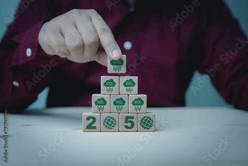 A man holding a wooden cube CO2 to reduction and 2050 year on wooden block cube to decrease CO2 to limit global warming from climate change in the Kyoto Protocol 2050 concept.