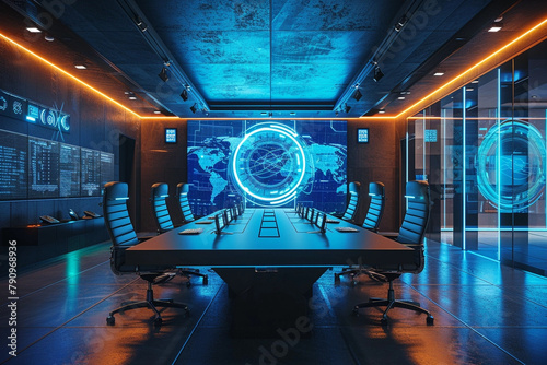 futuristic coworking space office and boardroom with lots of technology and spaceship look and command console