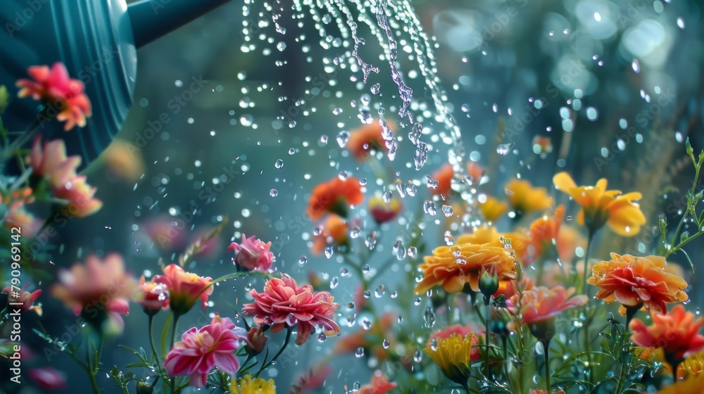 A refreshing shower of water droplets falling from a watering can onto a row of vibrant flowers, nourishing them with life-giving hydration.