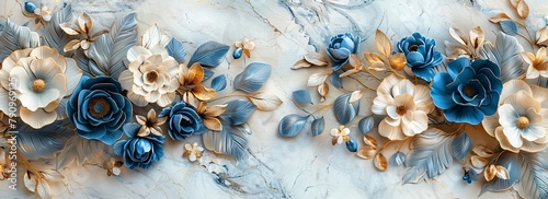 Panel wall art with marble backdrop and a combination of feather and flower designs for sophisticated decor