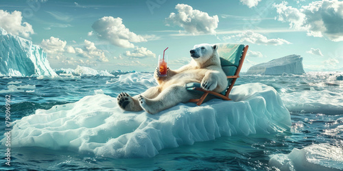 Polar bear lounging on an iceberg with a drink, representing climate change, relaxation, and a whimsical take on wildlife in a scenic arctic setting