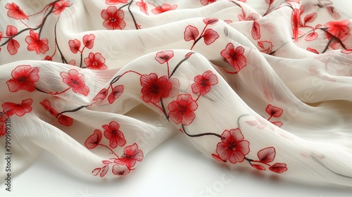 Texture  background  pattern. Silk fabric is white with red flowers
