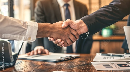 In the image, two people in business attire are shaking hands over a wooden table. The table has papers and a laptop on it. photo