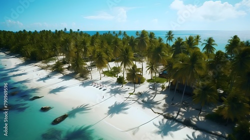 Aerial view of beautiful tropical island with palm trees and blue sky