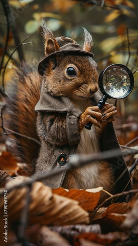 Playful squirrel in a detective outfit solving mysteries in an enchanted forest with a magnifying glass