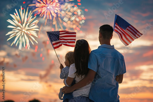 back view of happy family holding amercian flags and looking on fireworks in sunset sky photo