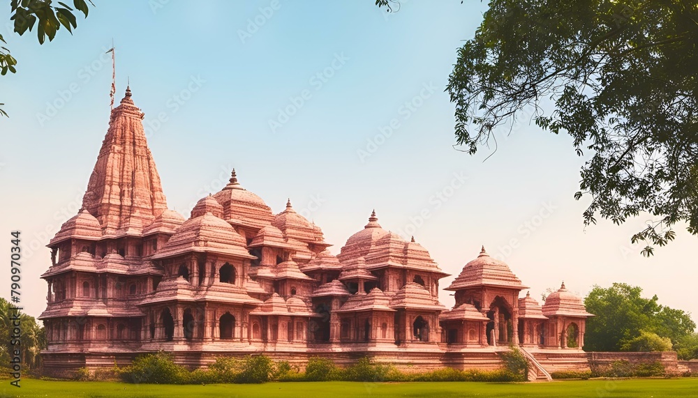 AI generated illustration of Ram Mandir with numerous windows stands on lush green grass