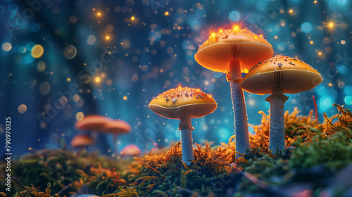 A celestial garden of luminous, deadly fungi under a starry sky, spread golden spores photo