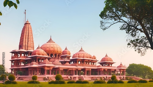 AI generated illustration of Ram Mandir surrounded by lush greenery and numerous trees in a park