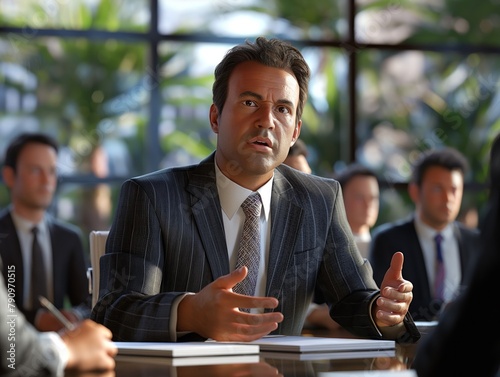 A man in a suit is talking to a group of people in a boardroom. The man is wearing a tie and has his hands on his hips. Scene is serious and professional photo