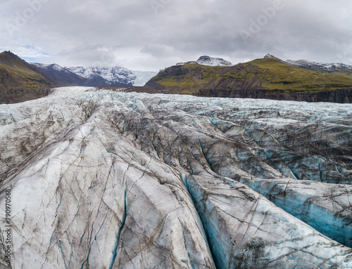 Aerial view over the crevasses of the Svinafellsjökull glacier in south Iceland
