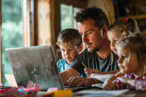 Father working at laptop with children at home