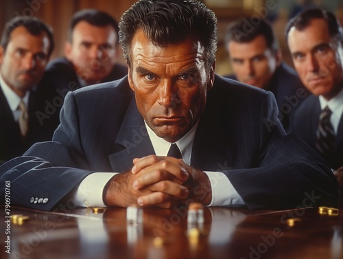 A man in a suit is sitting at a table with other men. He is wearing a tie and he is in a serious mood photo