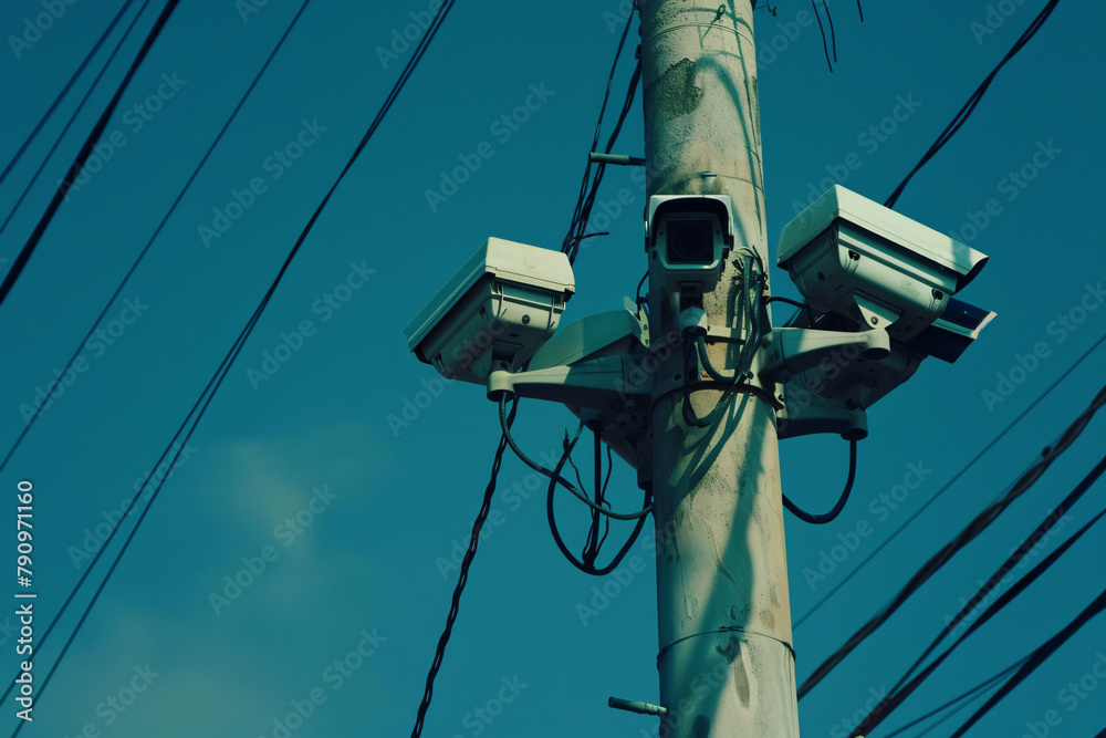 Close up of security cameras on the pole with copy space Close up of security cameras on the pole with copy space