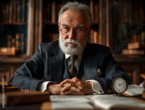 A man in a suit and glasses sits at a desk with a clock on it. He is in a serious or contemplative mood