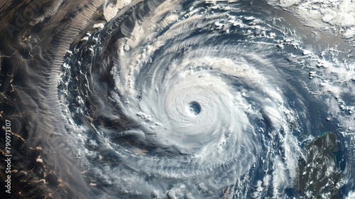 A satellite image of a massive cyclone swirling over a vast expanse of ocean, with a well-defined eye at its center and spiral bands of clouds extending outward. photo