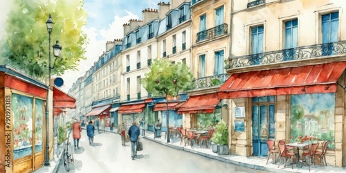 Fototapeta Naklejka Na Ścianę i Meble -  Watercolor Illustration Of Paris Streets