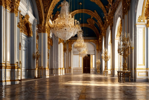 Elegant Hall With Chandeliers in Grand Palace. Ornate hall featuring elaborate stucco decorations, luxury chandeliers, checkered floor inside regal palace. Royal interior concept. Copy ad text space