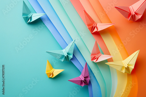 Multicolor origami butterflies on colorful background