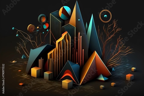 Abstract 3d illustration of a colorful graph chart landscape with geometric shapes on a dark background