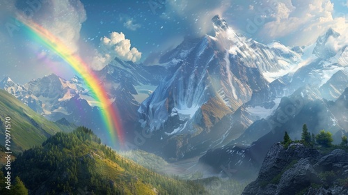A scenic mountain landscape with a rainbow arching gracefully over snow-capped peaks, adding a touch of magic to the alpine scenery. photo