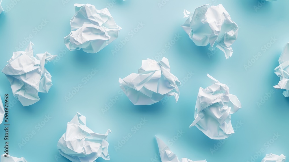 Several pieces of white crumpled paper dramatically highlighted on a pastel blue background, emphasizing themes of renewal and the creative reuse of materials Several pieces of white crumpled paper dramatically highlighted on a pastel blue background, emphasizing themes of renewal and the creative reuse of materials