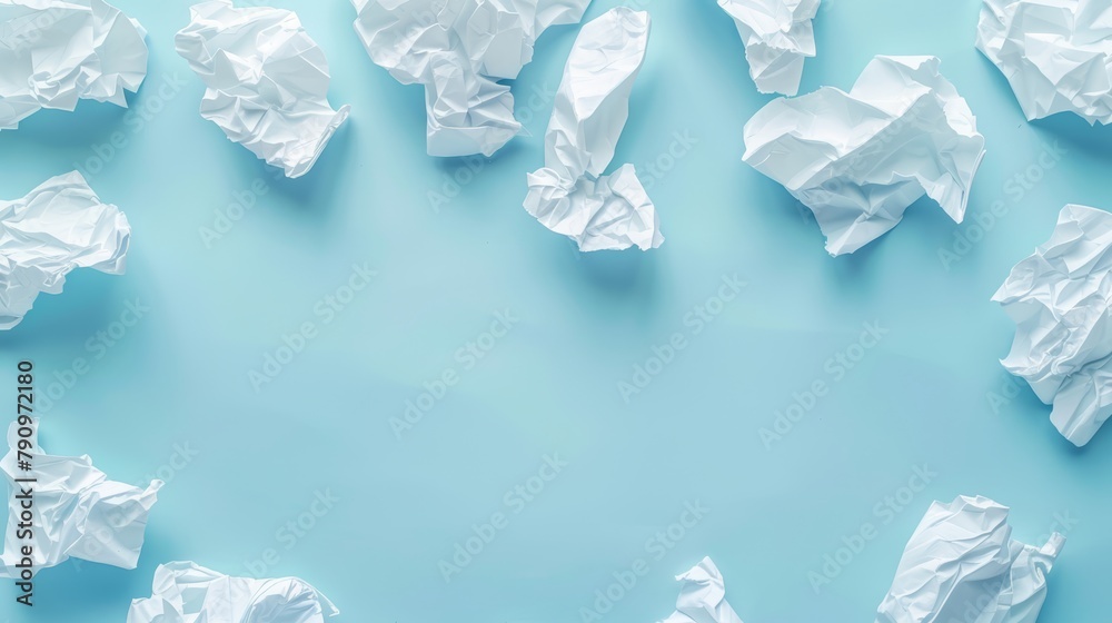 Fototapeta premium White crumpled paper textures contrasted against a soft pastel blue background, symbolizing themes of stress, creativity, and the brainstorming process