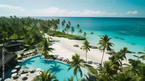 Aerial view of beautiful tropical island with palm trees, turquoise water and white sand beach © Iman