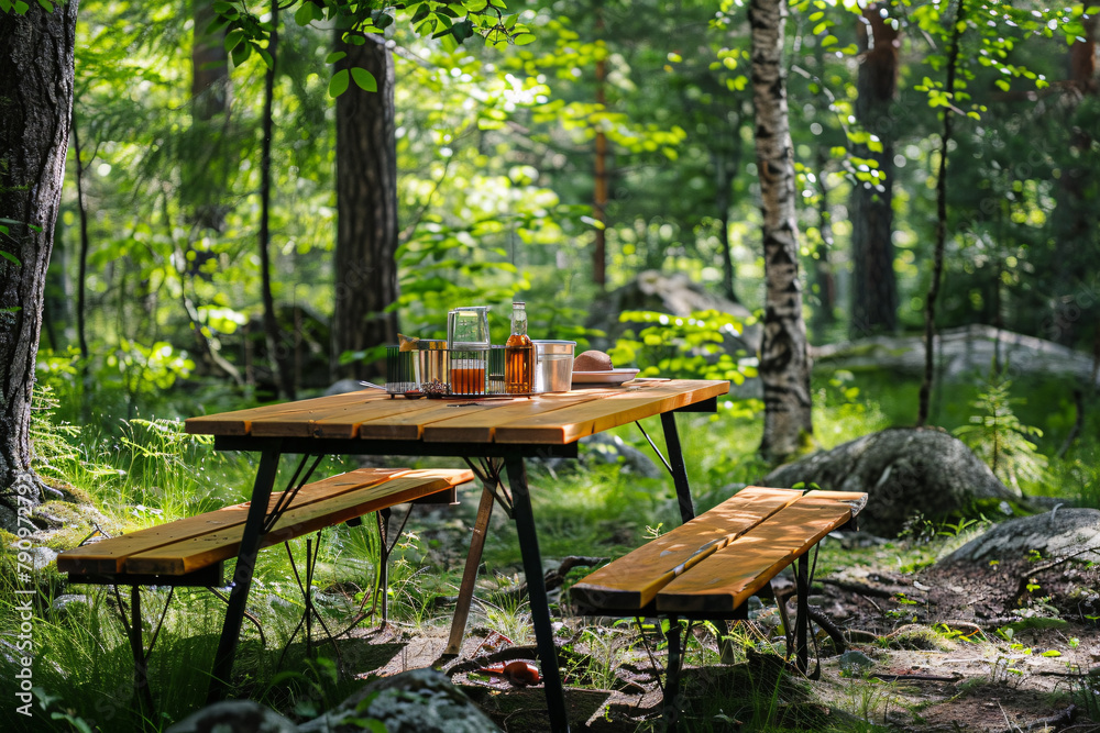 picnic table and benches in the forest picnic table and benches in the forest