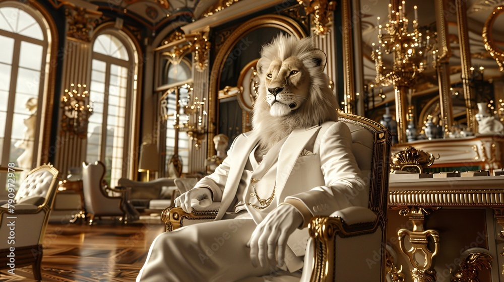 Obraz premium Stylish white lion hosting an exclusive fashion show in an art deco gallery radiating charm and authority