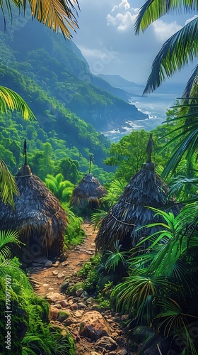old round palm huts in tropical summer landscape